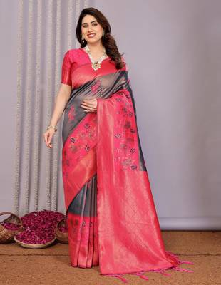 neavy blue pink silk blend banarasi saree with unstitched blouse piece 1