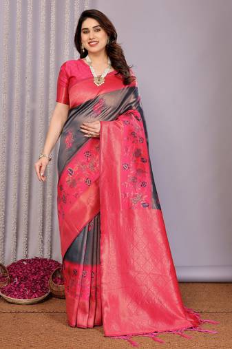 neavy blue pink  soft art silk blend banarasi jacuard work designer party wear saree with unstitched blouse piece