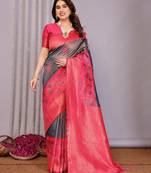 neavy blue pink  soft art silk blend banarasi jacuard work designer party wear saree with unstitched blouse piece
