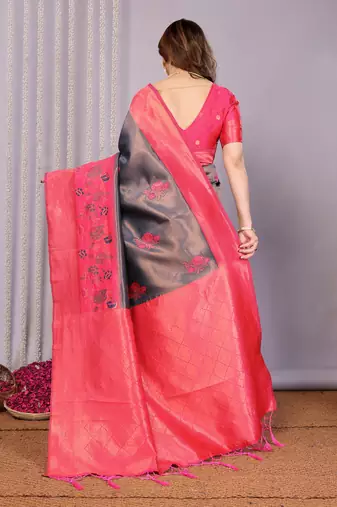 neavy blue pink silk blend banarasi saree with unstitched blouse piece