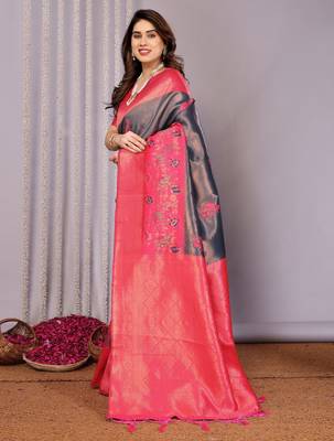 neavy blue pink silk blend banarasi saree with unstitched blouse piece 3