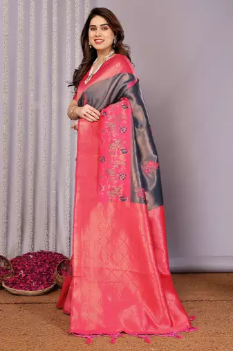 neavy blue pink silk blend banarasi saree with unstitched blouse piece