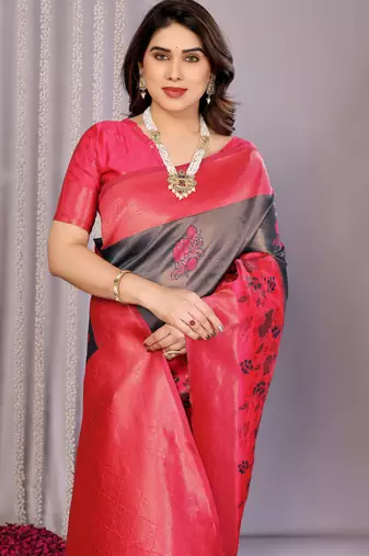 neavy blue pink silk blend banarasi saree with unstitched blouse piece