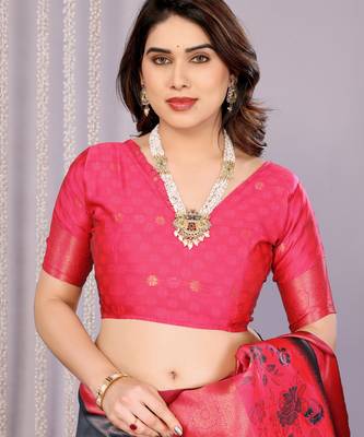 neavy blue pink silk blend banarasi saree with unstitched blouse piece 5