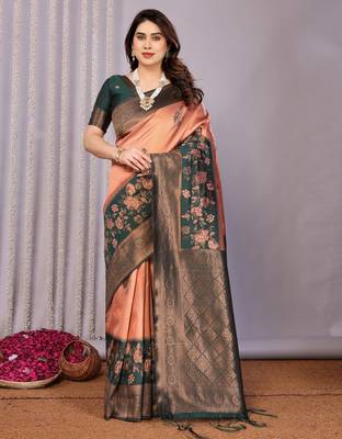 orange green silk blend banarasi saree with unstitched blouse piece 2