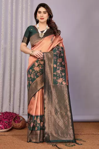 orange green silk blend banarasi saree with unstitched blouse piece