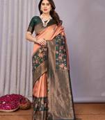 orange green  soft art silk blend banarasi jacuard work designer party wear saree with unstitched blouse piece