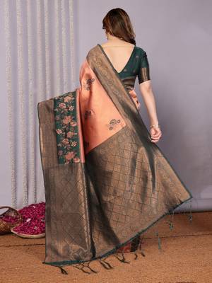 orange green silk blend banarasi saree with unstitched blouse piece 3
