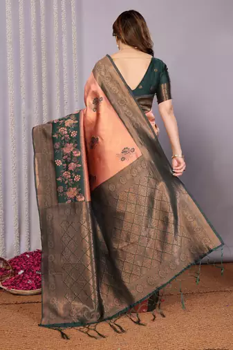orange green silk blend banarasi saree with unstitched blouse piece