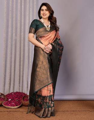 orange green silk blend banarasi saree with unstitched blouse piece 4