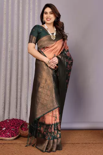 orange green silk blend banarasi saree with unstitched blouse piece