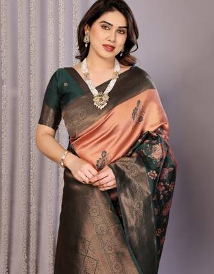 orange green silk blend banarasi saree with unstitched blouse piece 1