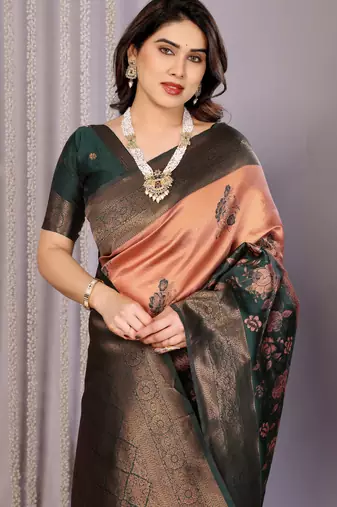 orange green  soft art silk blend banarasi jacuard work designer party wear saree with unstitched blouse piece