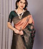 orange green soft art silk blend banarasi jacuard work designer party wear saree with unstitched blouse piece