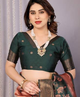 orange green silk blend banarasi saree with unstitched blouse piece 5