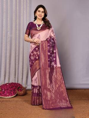 peach wine silk blend banarasi saree with unstitched blouse piece 2