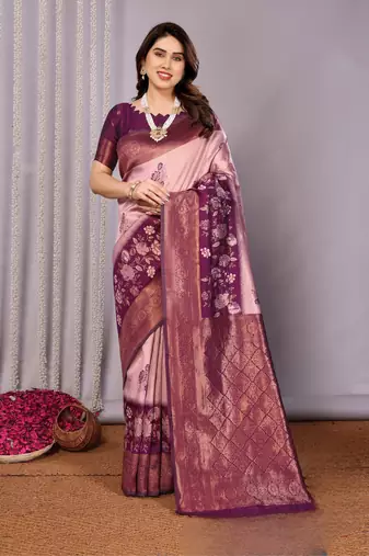 peach wine silk blend banarasi saree with unstitched blouse piece