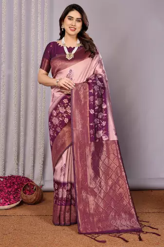 peach wine  soft art silk blend banarasi jacuard work designer party wear saree with unstitched blouse piece