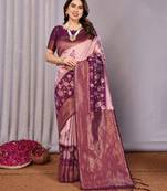 peach wine  soft art silk blend banarasi jacuard work designer party wear saree with unstitched blouse piece