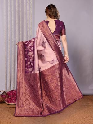 peach wine silk blend banarasi saree with unstitched blouse piece 3