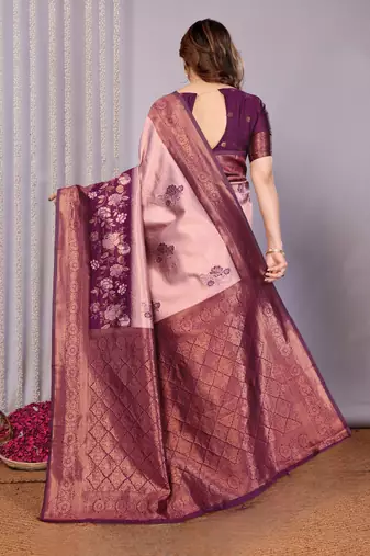 peach wine silk blend banarasi saree with unstitched blouse piece