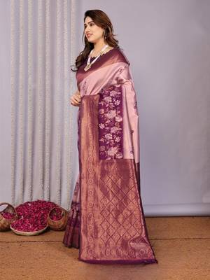 peach wine silk blend banarasi saree with unstitched blouse piece 4