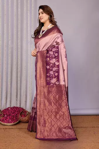 peach wine silk blend banarasi saree with unstitched blouse piece