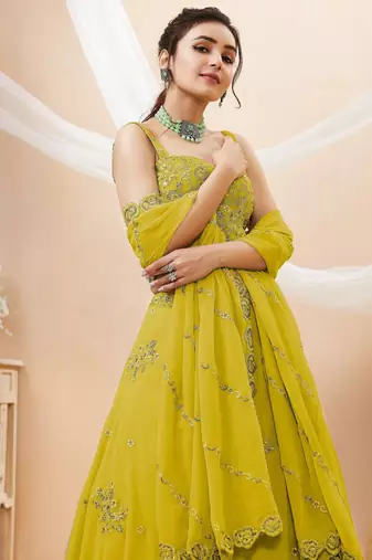 yellow georgette embroidered lehenga choli