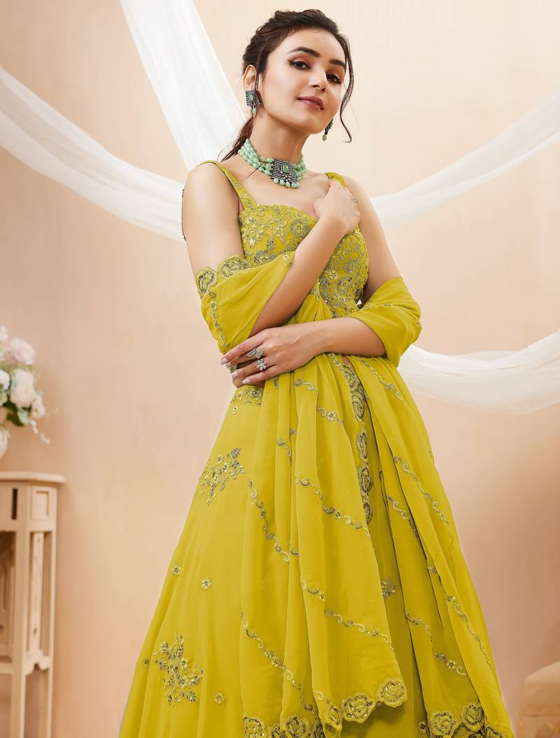 Awesome Neon Yellow Embroidered Engagement Wear Lehenga Choli