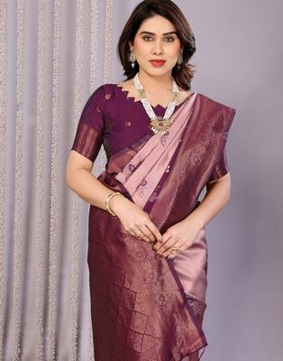 peach wine silk blend banarasi saree with unstitched blouse piece 1