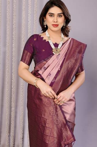 peach wine  soft art silk blend banarasi jacuard work designer party wear saree with unstitched blouse piece