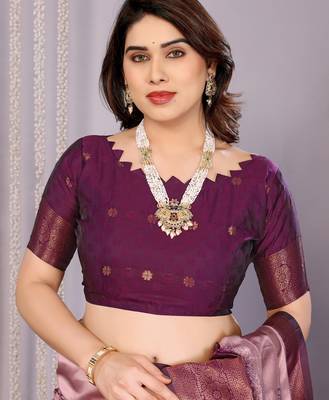 peach wine silk blend banarasi saree with unstitched blouse piece 5