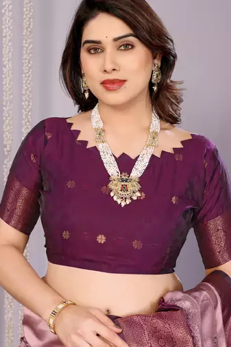 peach wine silk blend banarasi saree with unstitched blouse piece