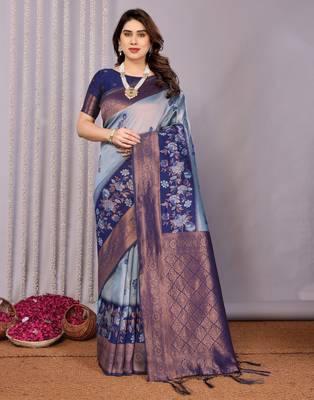 sky neavy blue silk blend banarasi saree with unstitched blouse piece 2