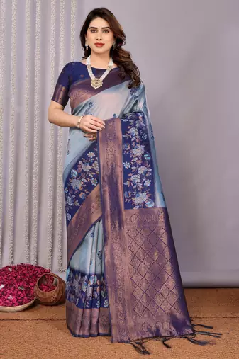 sky neavy blue silk blend banarasi saree with unstitched blouse piece
