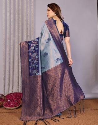 sky neavy blue silk blend banarasi saree with unstitched blouse piece 3