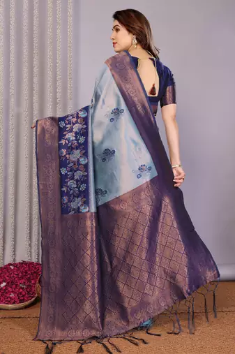 sky neavy blue silk blend banarasi saree with unstitched blouse piece