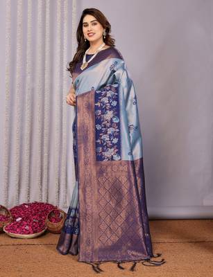 sky neavy blue silk blend banarasi saree with unstitched blouse piece 4