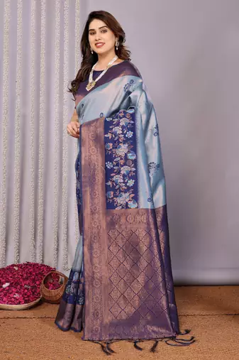 sky neavy blue silk blend banarasi saree with unstitched blouse piece