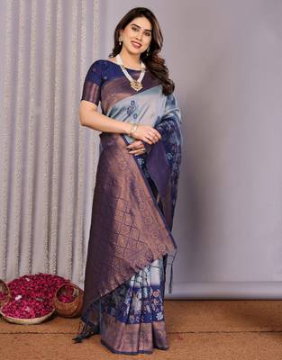 sky neavy blue silk blend banarasi saree with unstitched blouse piece 1