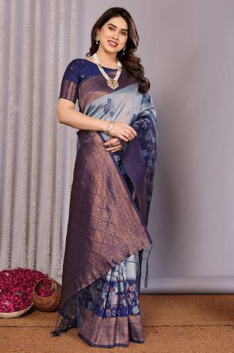 sky neavy blue  soft art silk blend banarasi jacuard work designer party wear saree with unstitched blouse piece