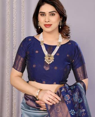sky neavy blue silk blend banarasi saree with unstitched blouse piece 5