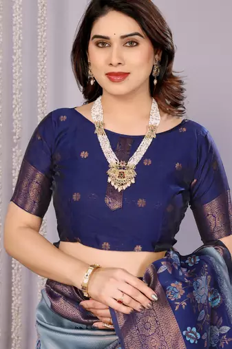 sky neavy blue silk blend banarasi saree with unstitched blouse piece