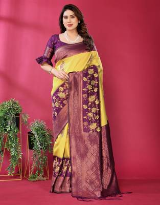 yellpw wine silk blend banarasi saree with unstitched blouse piece 2