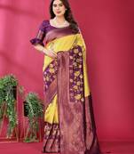 yellpw wine  soft art silk blend banarasi jacuard work designer party wear saree with unstitched blouse piece