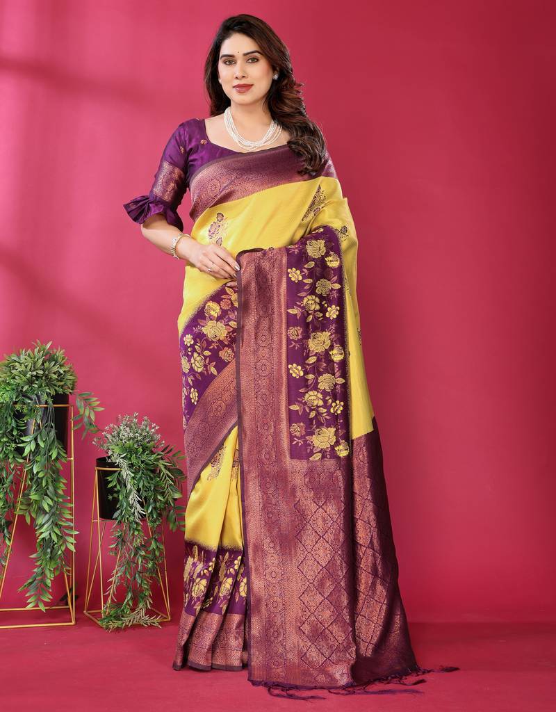 yellpw wine  soft art silk blend banarasi jacuard work designer party wear saree with unstitched blouse piece