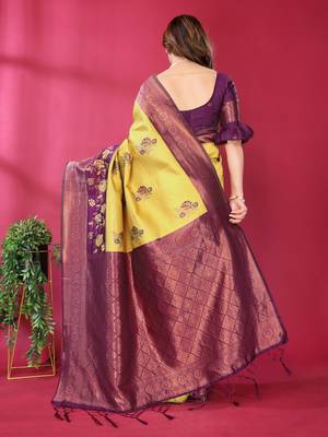 yellpw wine silk blend banarasi saree with unstitched blouse piece 3