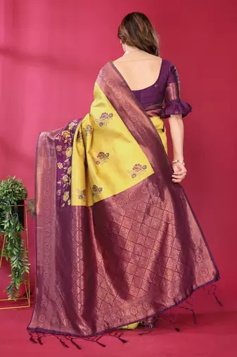 yellpw wine silk blend banarasi saree with unstitched blouse piece