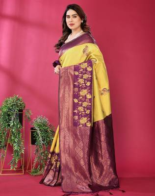 yellpw wine silk blend banarasi saree with unstitched blouse piece 4