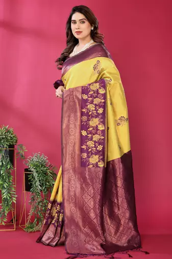 yellpw wine silk blend banarasi saree with unstitched blouse piece